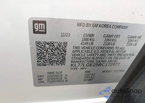 2024 Chevrolet Trax Fwd 1Rs z USA, uszkodzony, nr VIN KL77LGE25RC172977